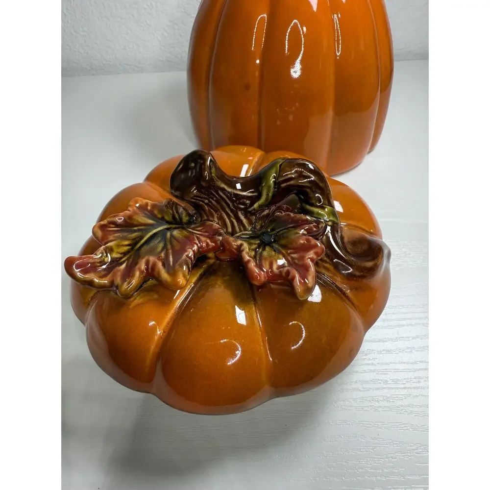 Vintage Ceramic Pumpkin Lidded Jar, Ribbed Stoneware Canister, Fall Decor